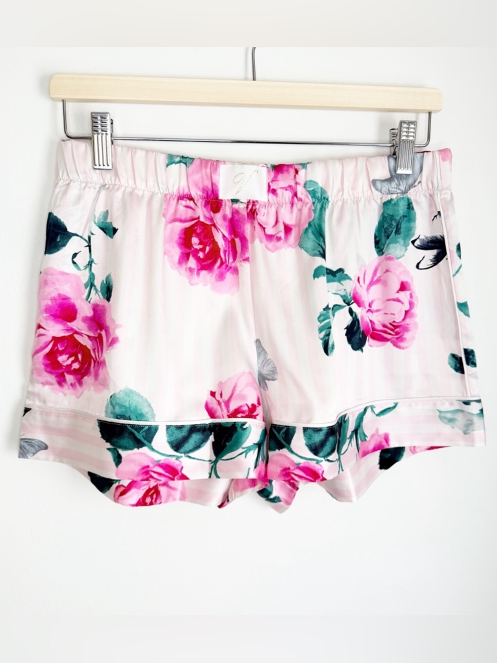 NWT Victoria's Secret White & Pink Striped Satin Shorts with Pink Rose Print
